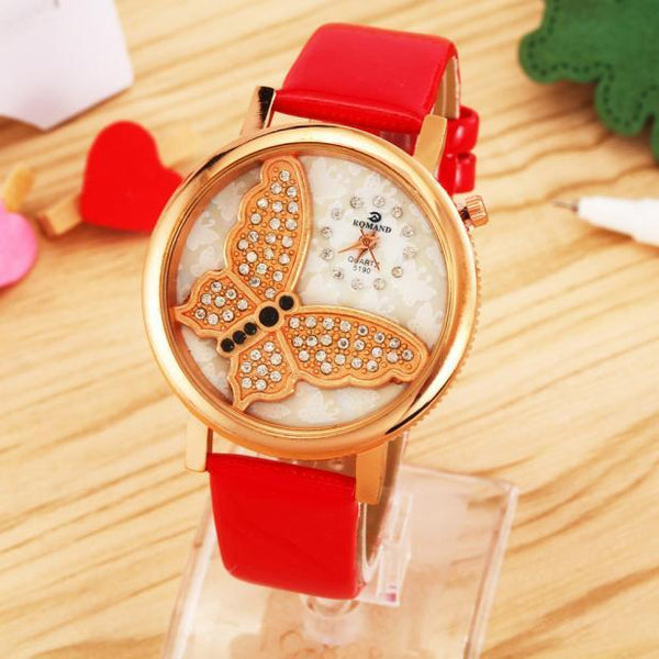 Women Fashiontterfly Analog Quartz Watch Leather Band Rhinestone Wrist Watch