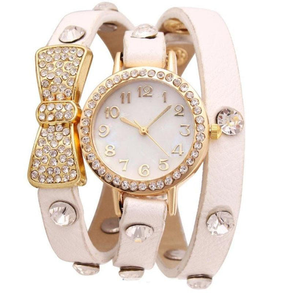 Fashion Women Bowknot Crystal Quartz Watch Imitation Leather Watch