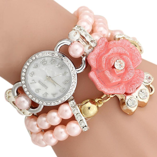 Personalized Flowers Pearl Wrapped Bracelet Watch Ladies Fashion Watch