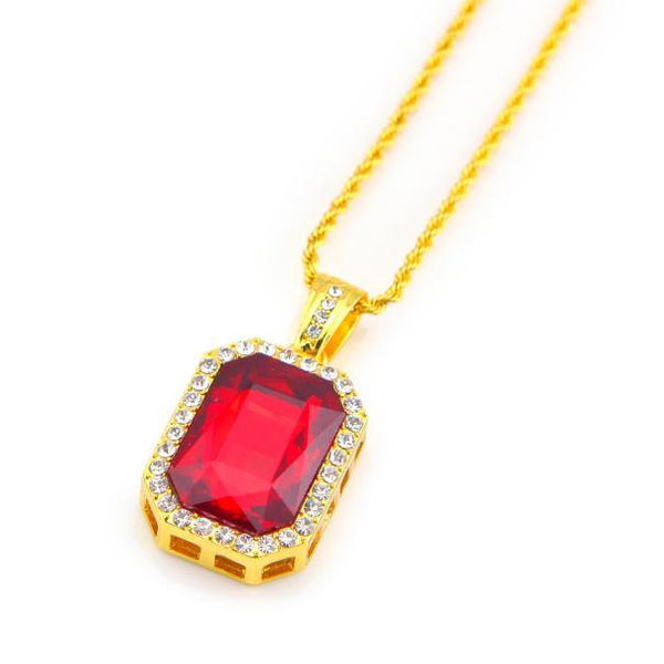 1 PC Plated Iced Out Black Octagon Ruby Pendant Necklace BK