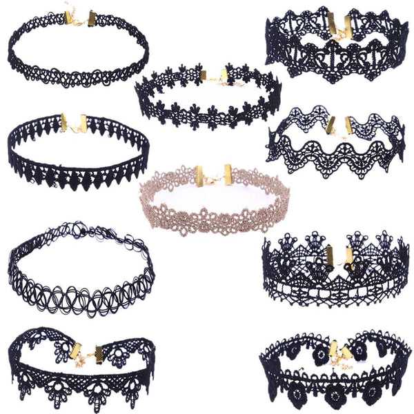 10 Pieces Choker Necklace Set Stretch Velvet Classic Gothic Tattoo Lace Choker