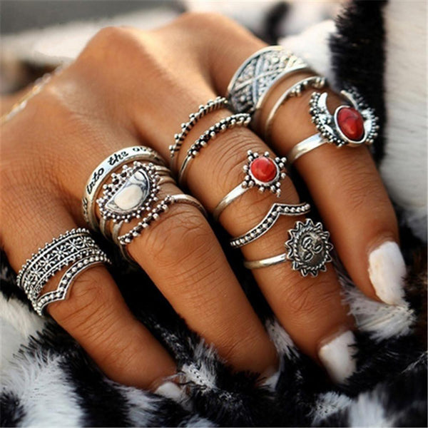 14pcs/Set Women Bohemian Vintage Silver Stack Rings Above Knuckle Blue Rings Set