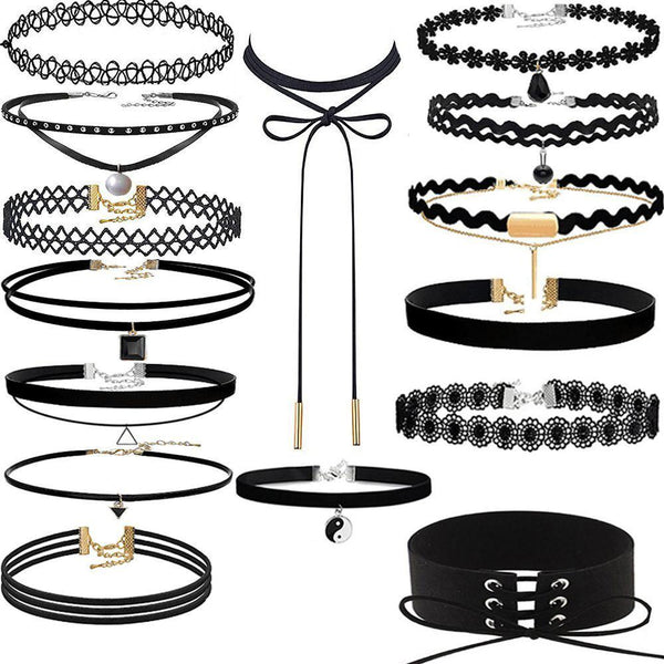 15Pieces Choker Necklace Set Stretch Velvet Classic Gothic Tattoo Lace Choker