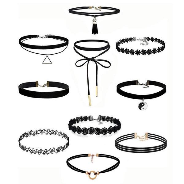 10Pieces Choker Necklace Set Stretch Velvet Classic Gothic Tattoo Lace Choker