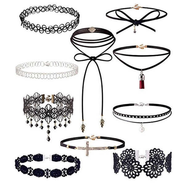 10Pieces Choker Necklace Set Stretch Velvet Classic Gothic Tattoo Lace Choker