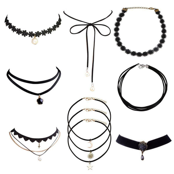 10Pieces Choker Necklace Set Stretch Velvet Classic Gothic Tattoo Lace Choker