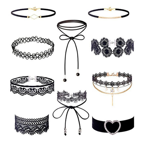 10Pieces Choker Necklace Set Stretch Velvet Classic Gothic Tattoo Lace Choker