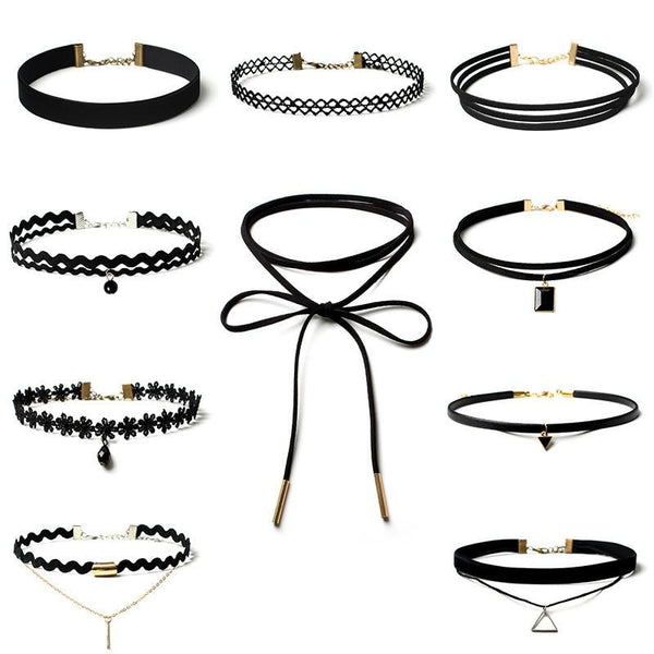 10Pieces Choker Necklace Set Stretch Velvet Classic Gothic Tattoo Lace Choker