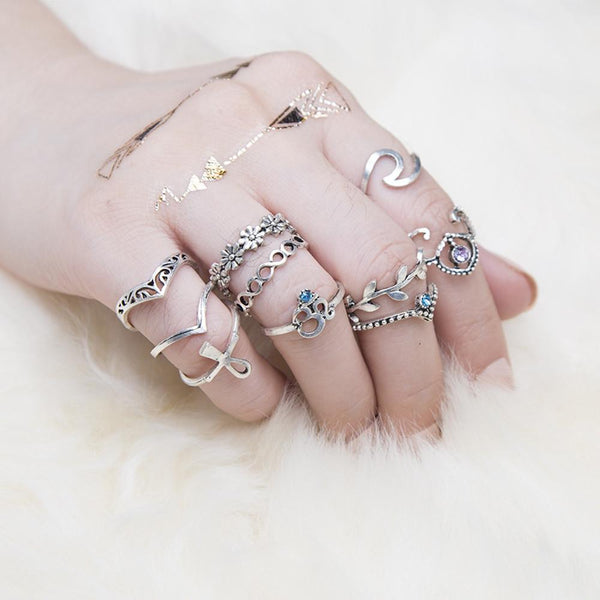 10pcs/Set Women Bohemian Vintage Silver Stack Rings Above Knuckle Blue Rings Set