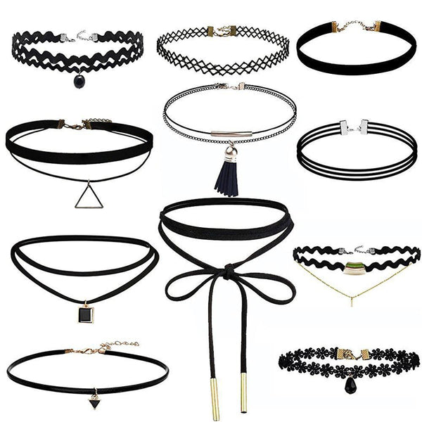 11 Pieces Choker Necklace Set Stretch Velvet Classic Gothic Tattoo Lace Choker