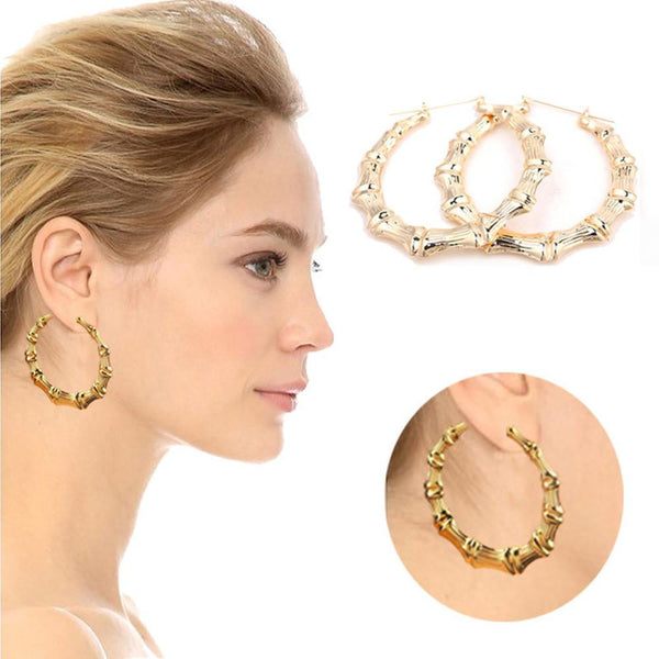 1Pair Fashion Punk Gold Tone Bamboo Big Hoop Large Alloy Circle Earrings