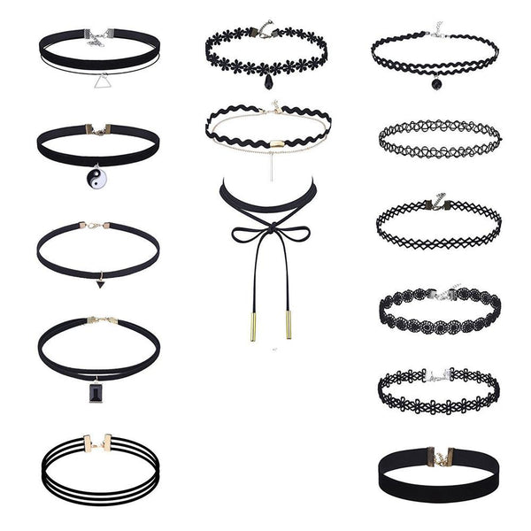 14Pieces Choker Necklace Set Stretch Velvet Classic Gothic Tattoo Lace Choker