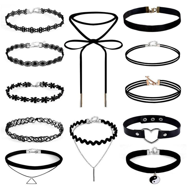 12 Pieces Choker Necklace Set Stretch Velvet Classic Gothic Tattoo Lace Choker