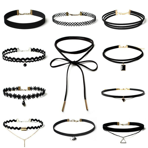 11Pieces Choker Necklace Set Stretch Velvet Classic Gothic Tattoo Lace Choker