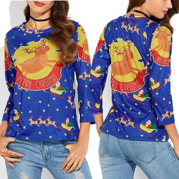 Women Christmas Elk Printed Shirt Casual Blouse Loose Tops T Shirt