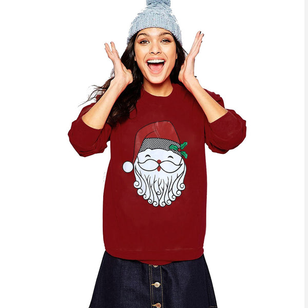 Women Long Sleeve Christmas Santa Claus Print Party Pullovers T-shirt Tops