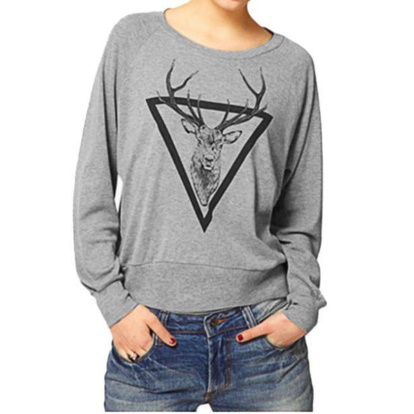 Fashion Women elk Printed Loose Blouse Long Sleeve Shirt T-shirt Blouse Top